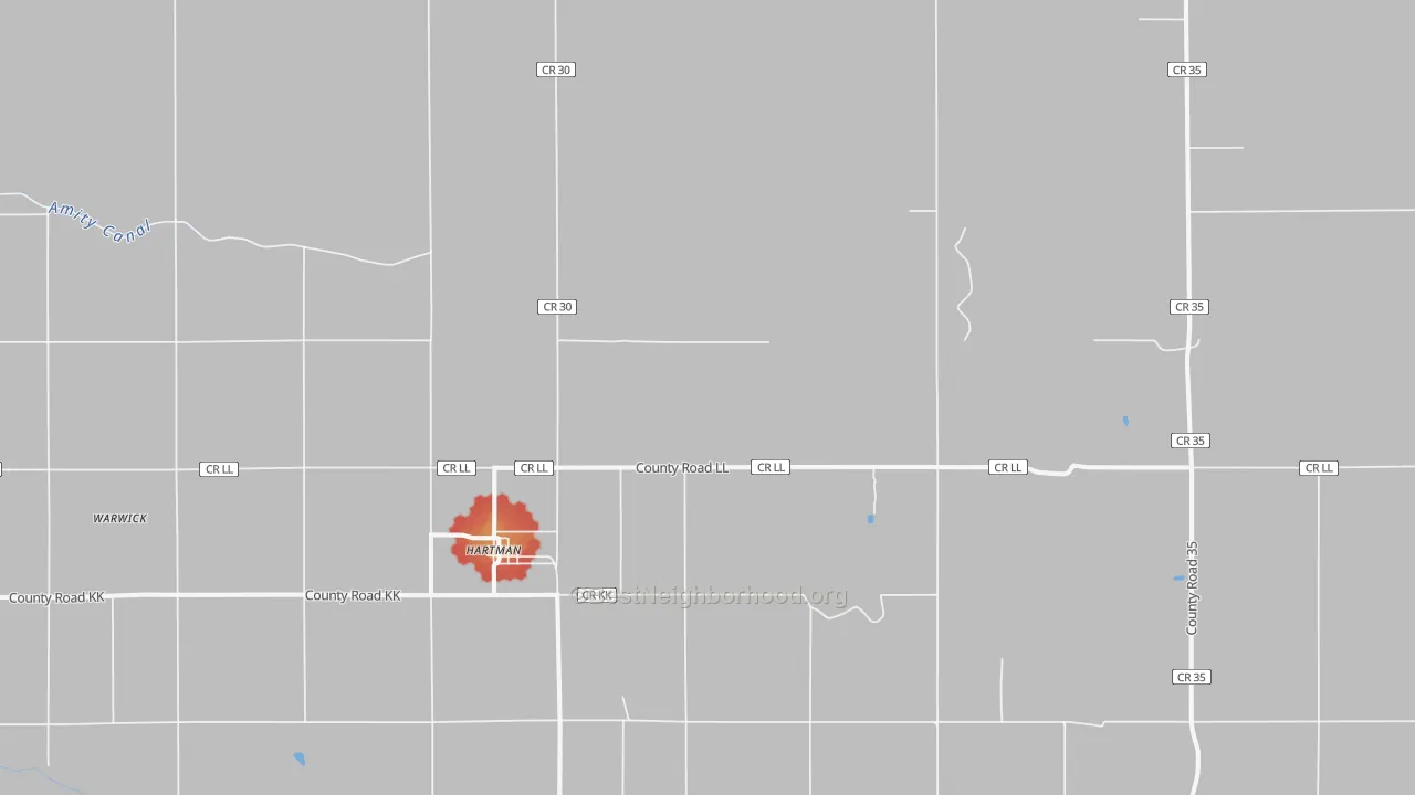 Walk Grade map of Hartman, CO, walkable areas in green and car-dependent areas in red