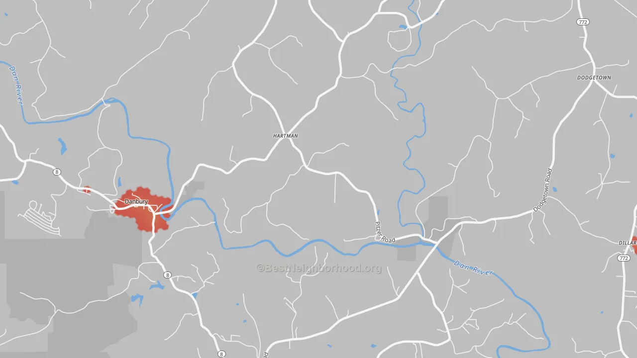 Walk Grade map of Hartman, NC, walkable areas in green and car-dependent areas in red