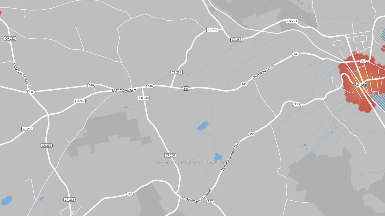 Walk Grade map of Hartmans Corners, NY, walkable areas in green and car-dependent areas in red