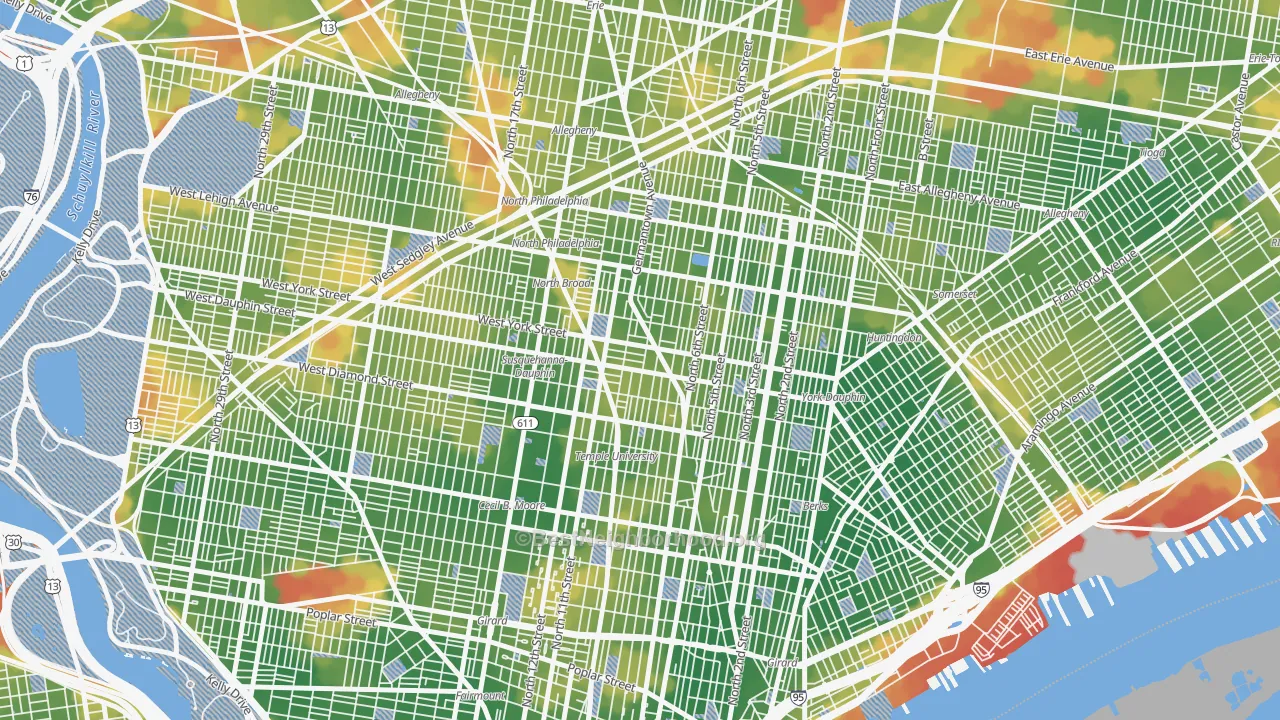 Walk Grade map of Hartranft, Philadelphia, PA, walkable areas in green and car-dependent areas in red
