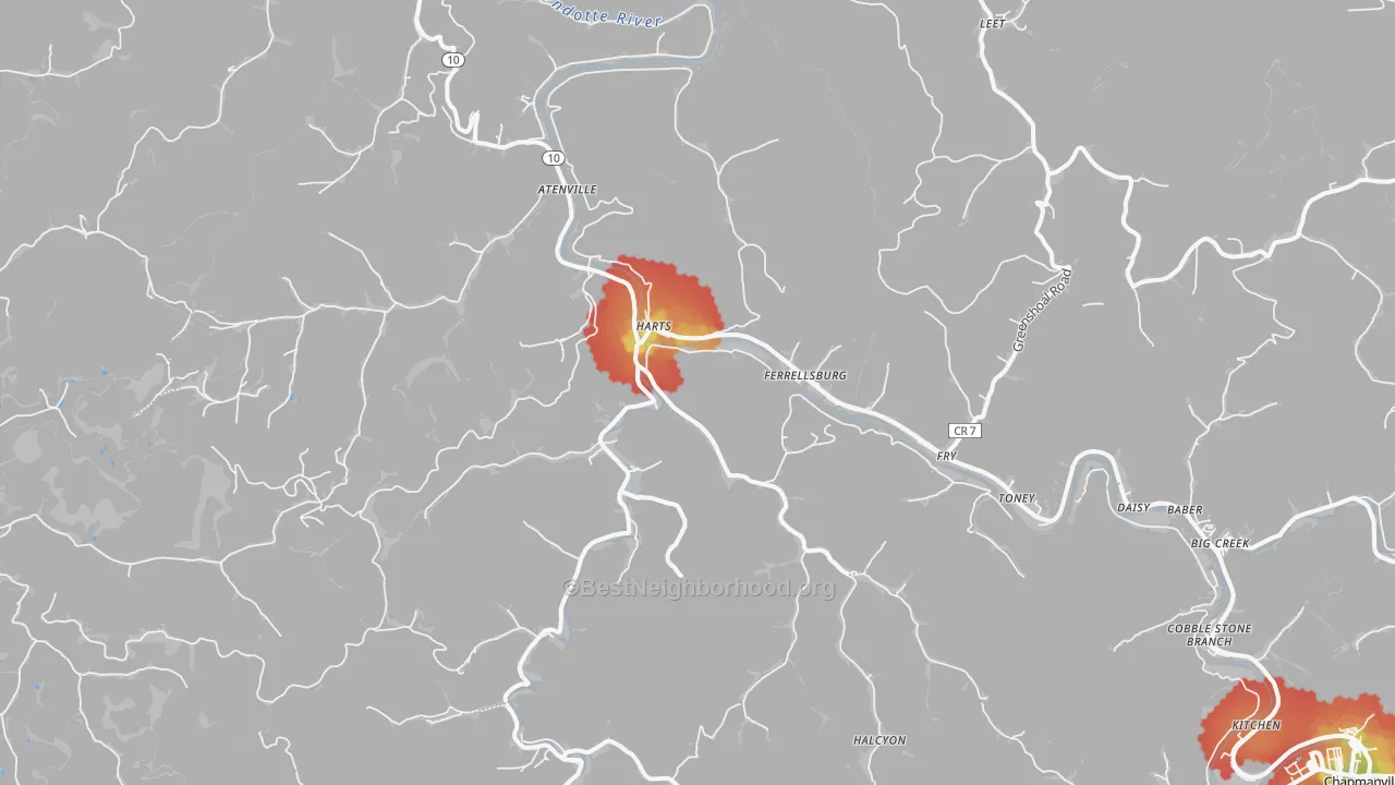 Walk Grade map of Harts, WV, walkable areas in green and car-dependent areas in red