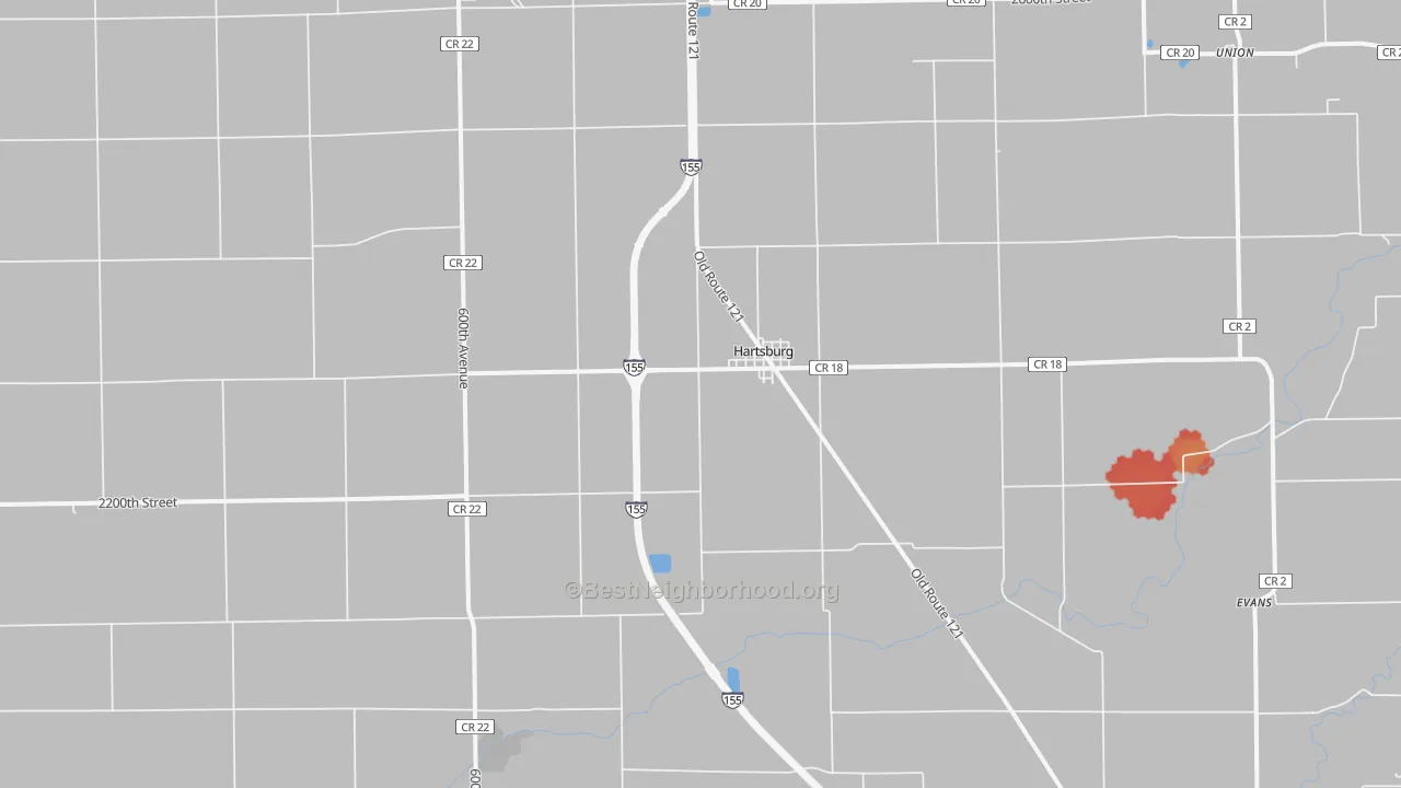 Walk Grade map of Hartsburg, IL, walkable areas in green and car-dependent areas in red