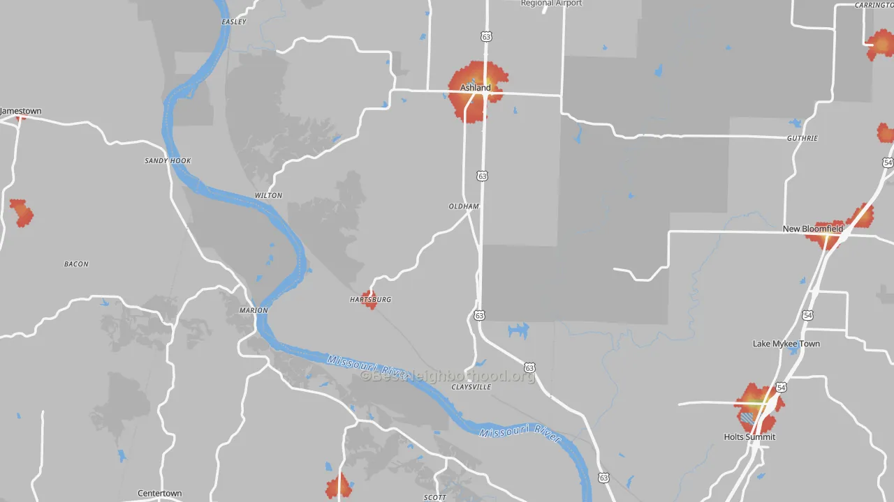 Walk Grade map of Hartsburg, MO, walkable areas in green and car-dependent areas in red