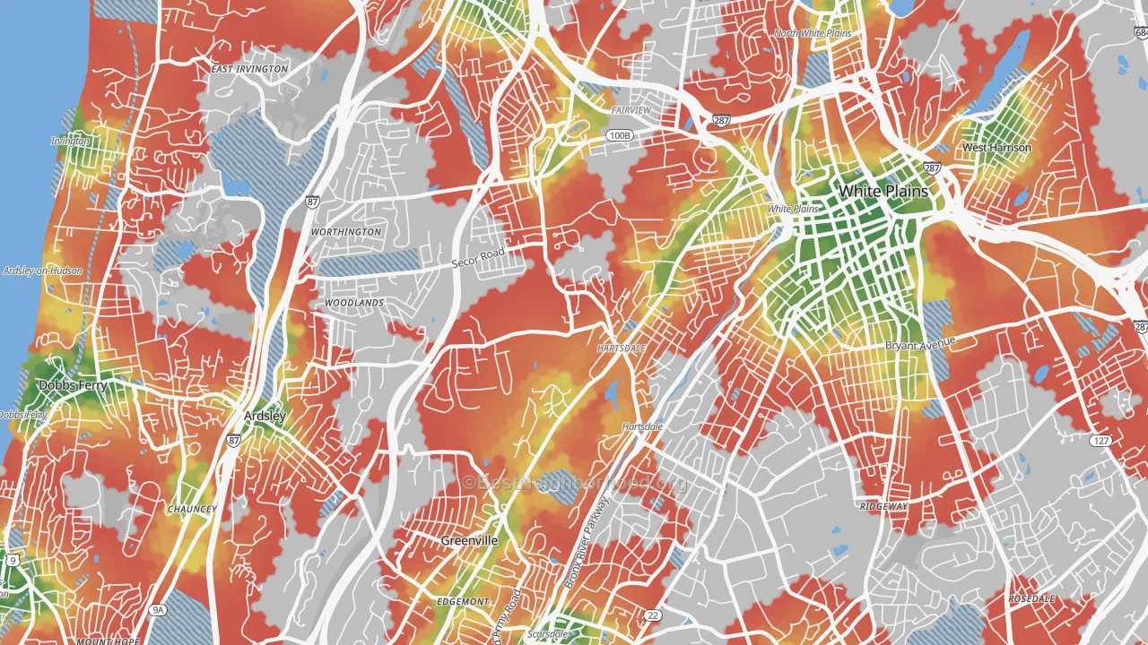 Walk Grade map of Hartsdale, NY, walkable areas in green and car-dependent areas in red