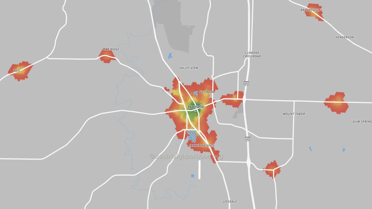 Walk Grade map of Hartselle, AL, walkable areas in green and car-dependent areas in red