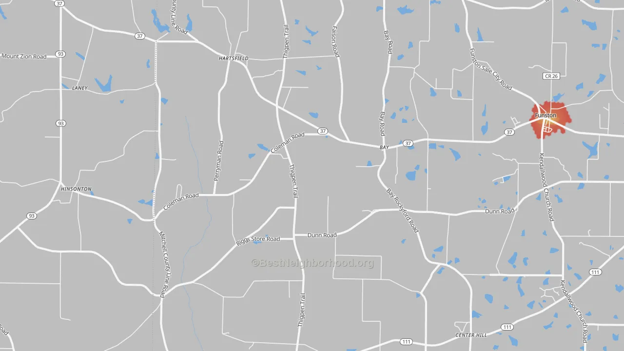Walk Grade map of Hartsfield, GA, walkable areas in green and car-dependent areas in red