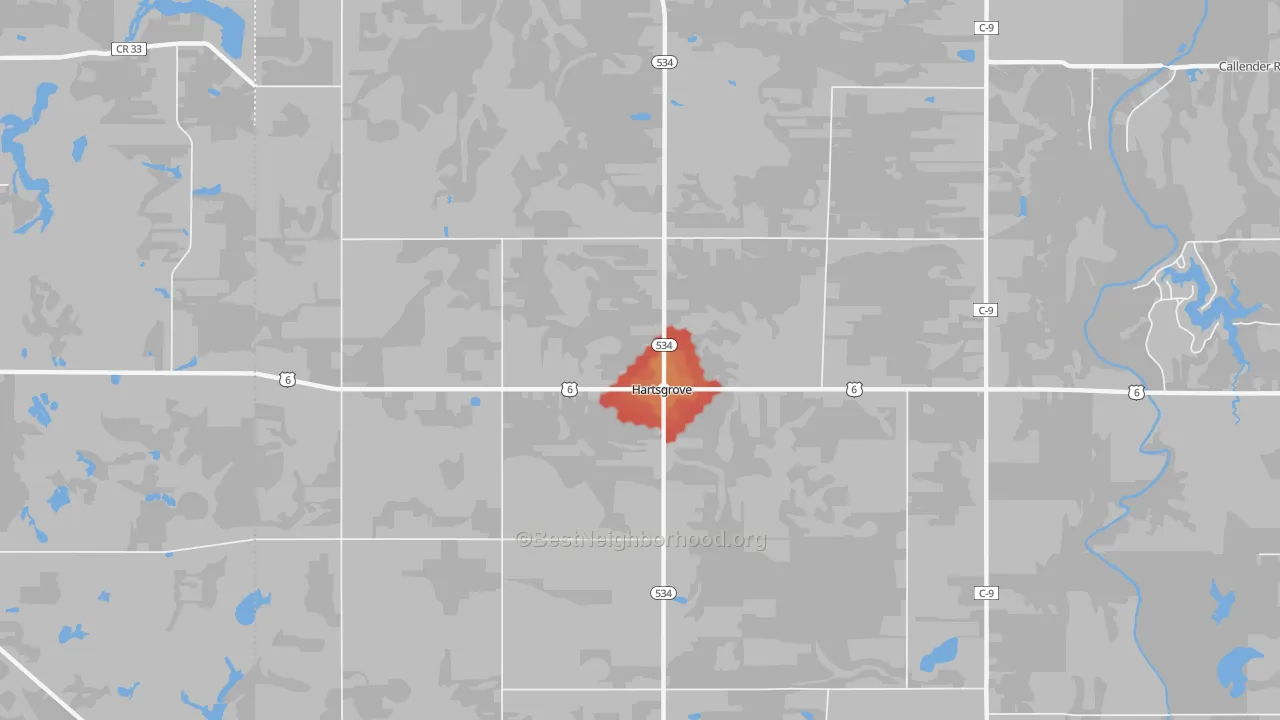 Walk Grade map of Hartsgrove, OH, walkable areas in green and car-dependent areas in red