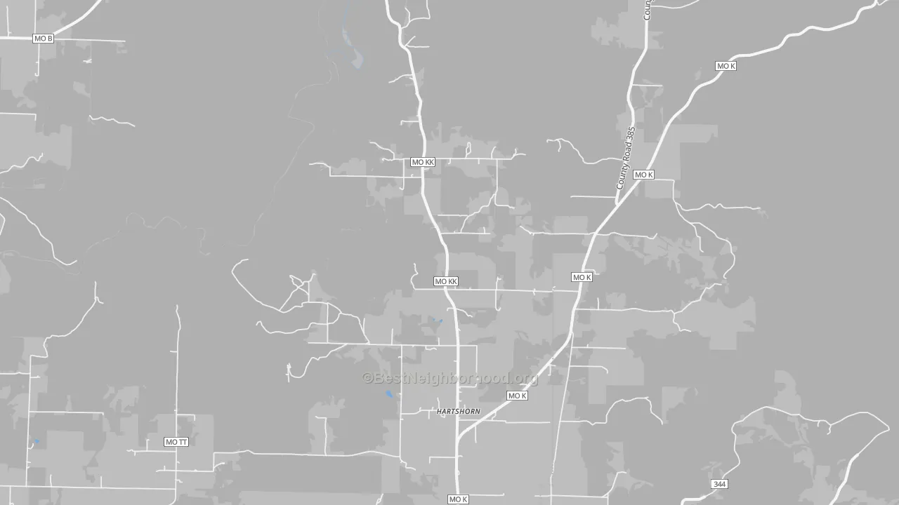 Walk Grade map of Hartshorn, MO, walkable areas in green and car-dependent areas in red