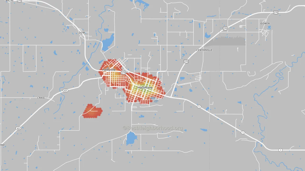 Walk Grade map of Hartshorne, OK, walkable areas in green and car-dependent areas in red