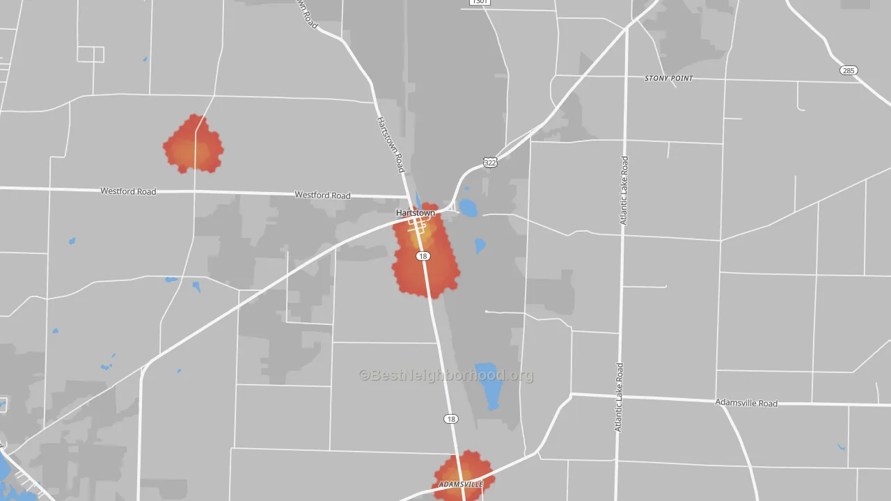 Walk Grade map of Hartstown, PA, walkable areas in green and car-dependent areas in red