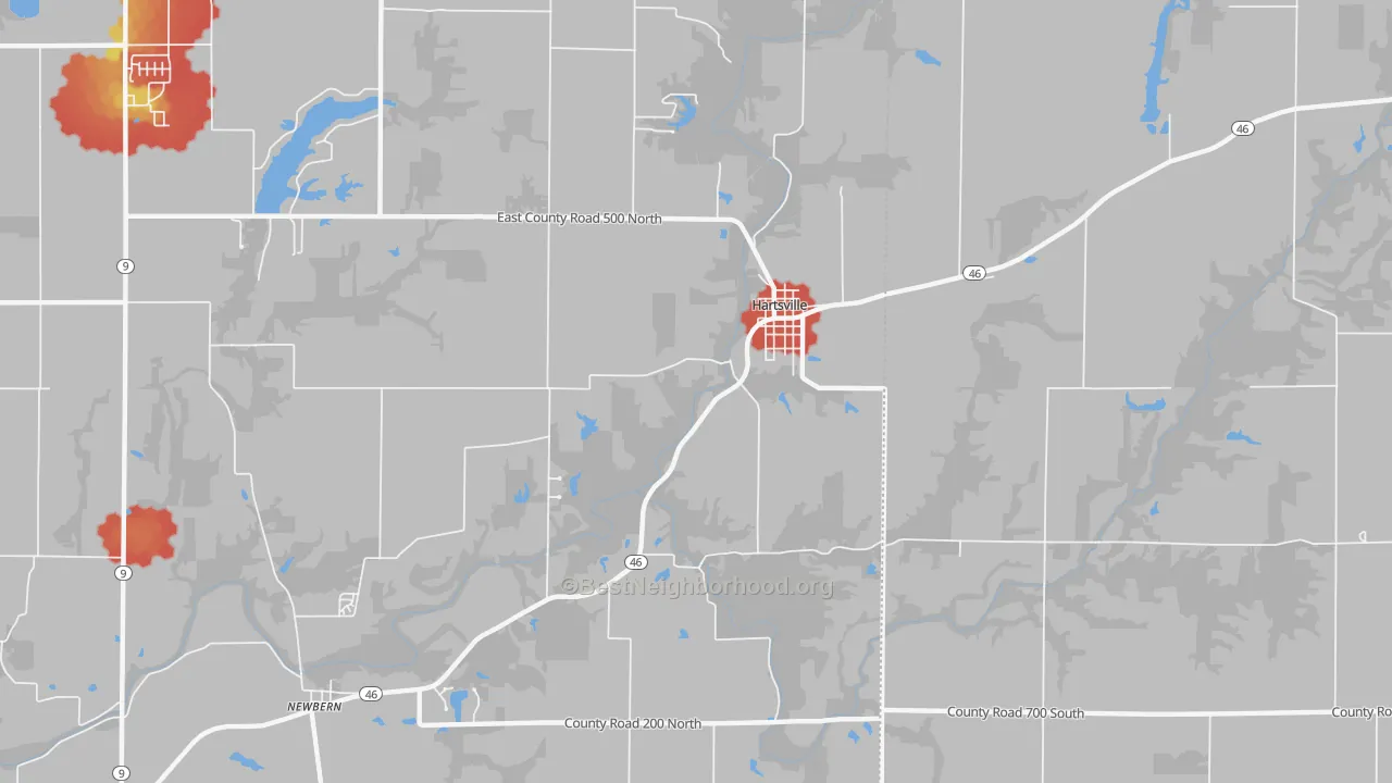 Walk Grade map of Hartsville, IN, walkable areas in green and car-dependent areas in red