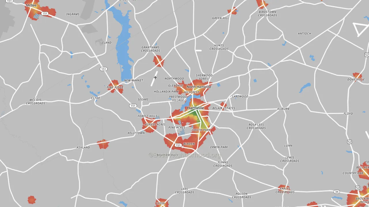 Walk Grade map of Hartsville, SC, walkable areas in green and car-dependent areas in red