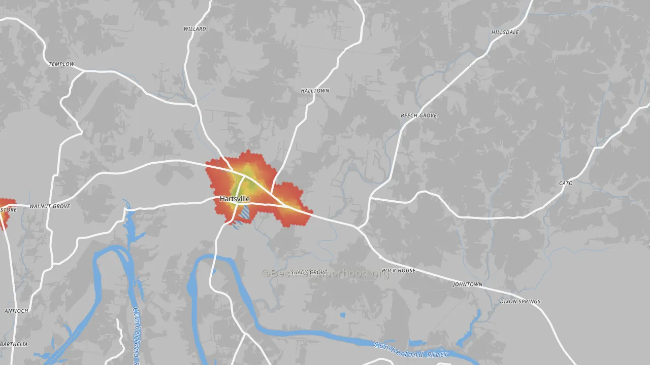 Walk Grade map of Hartsville, TN, walkable areas in green and car-dependent areas in red