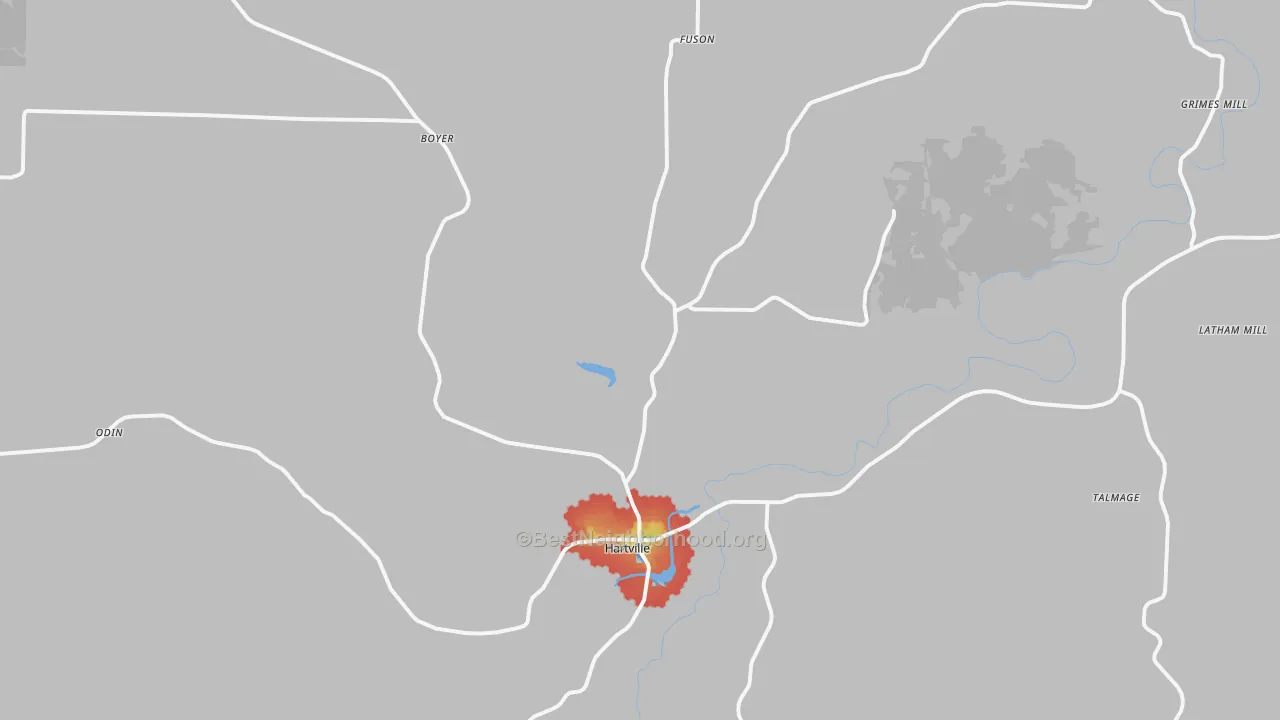 Walk Grade map of Hartville, MO, walkable areas in green and car-dependent areas in red