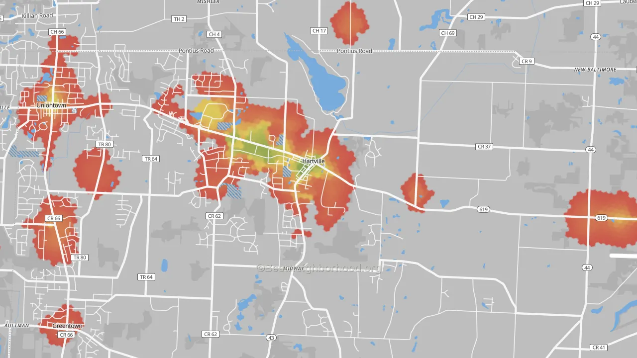 Walk Grade map of Hartville, OH, walkable areas in green and car-dependent areas in red