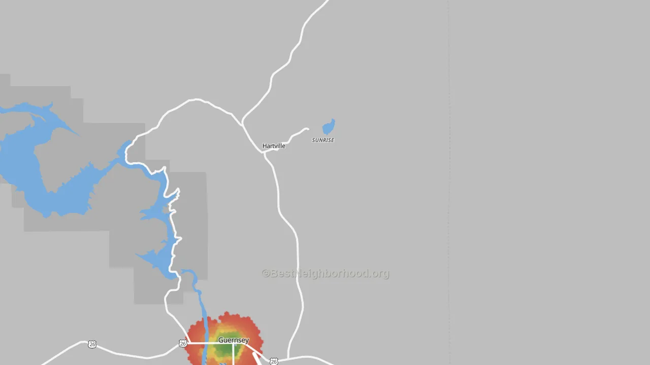 Walk Grade map of Hartville, WY, walkable areas in green and car-dependent areas in red