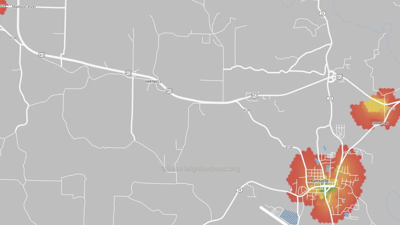 Walk Grade map of Hartwell, AR, walkable areas in green and car-dependent areas in red