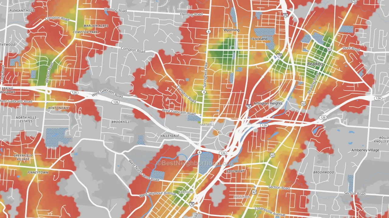 Walk Grade map of Hartwell, Cincinnati, OH, walkable areas in green and car-dependent areas in red
