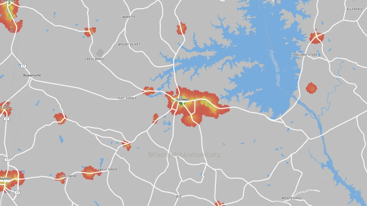 Walk Grade map of Hartwell, GA, walkable areas in green and car-dependent areas in red