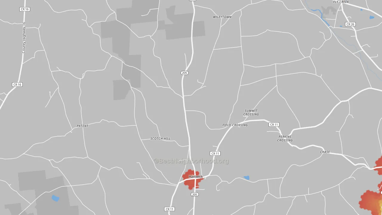 Walk Grade map of Hartwick, NY, walkable areas in green and car-dependent areas in red