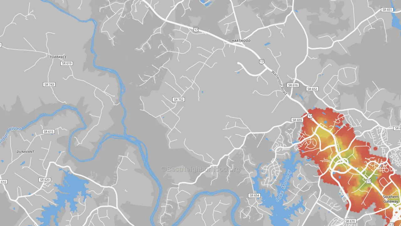 Walk Grade map of Hartwood, VA, walkable areas in green and car-dependent areas in red