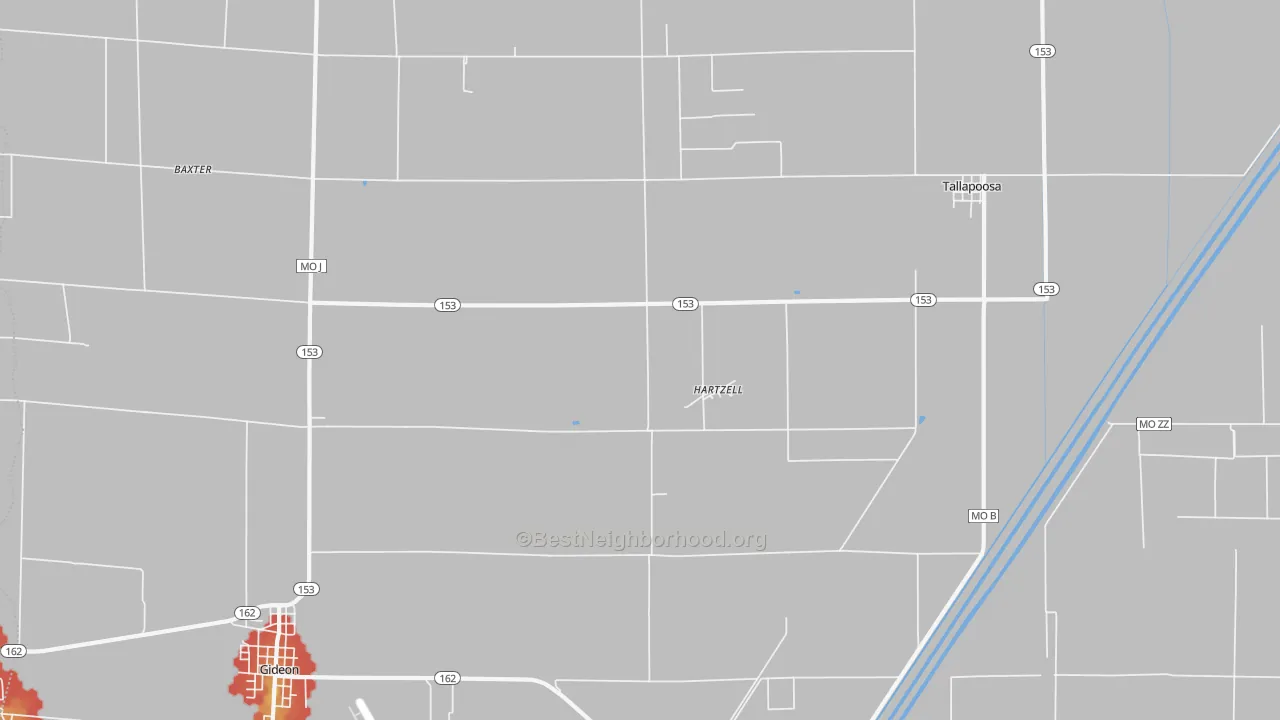 Walk Grade map of Hartzell, MO, walkable areas in green and car-dependent areas in red