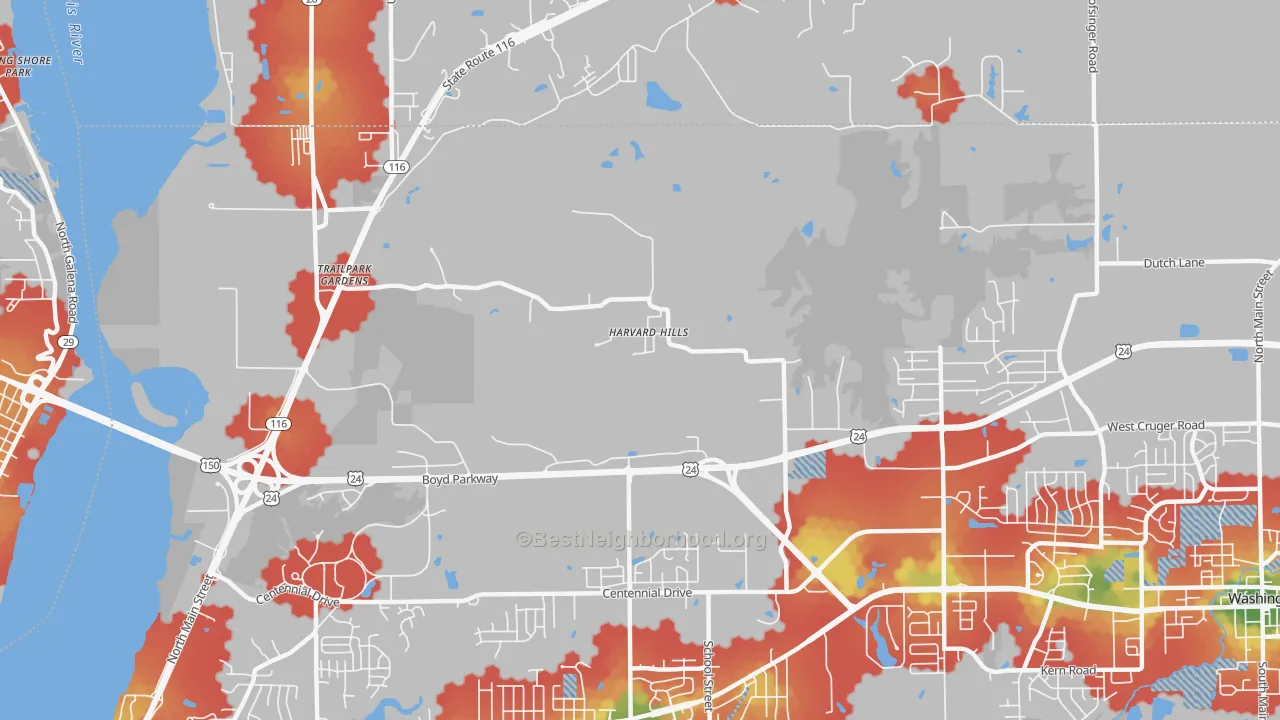 Walk Grade map of Harvard Hills, IL, walkable areas in green and car-dependent areas in red
