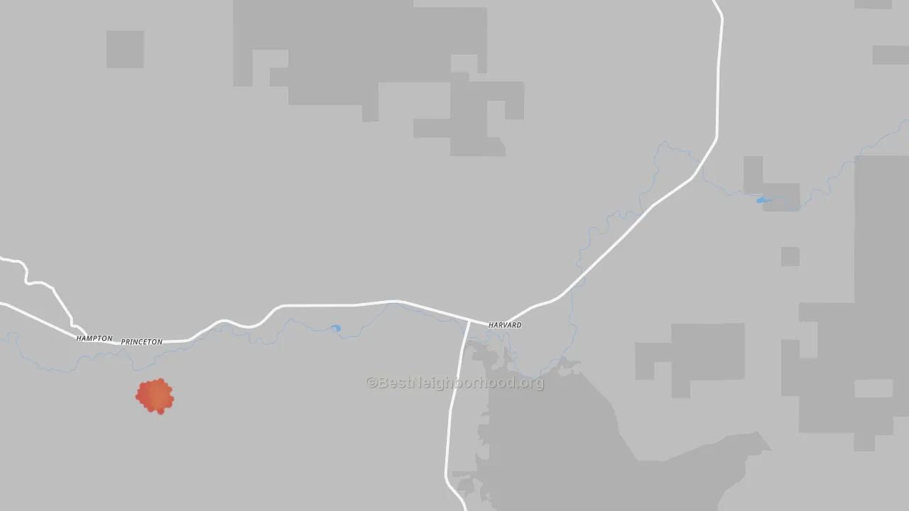 Walk Grade map of Harvard, ID, walkable areas in green and car-dependent areas in red