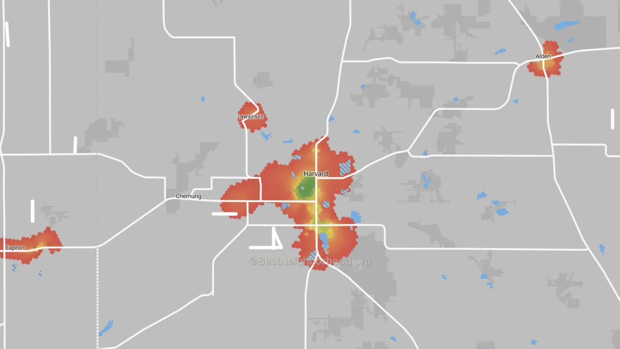 Walk Grade map of Harvard, IL, walkable areas in green and car-dependent areas in red
