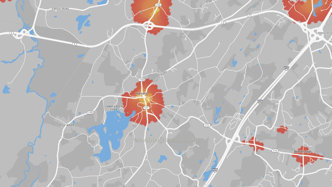 Walk Grade map of Harvard, MA, walkable areas in green and car-dependent areas in red