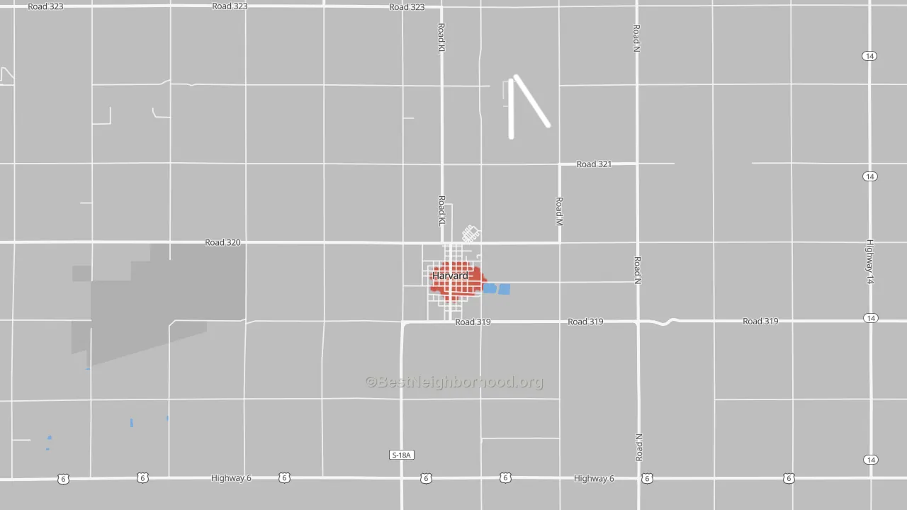 Walk Grade map of Harvard, NE, walkable areas in green and car-dependent areas in red