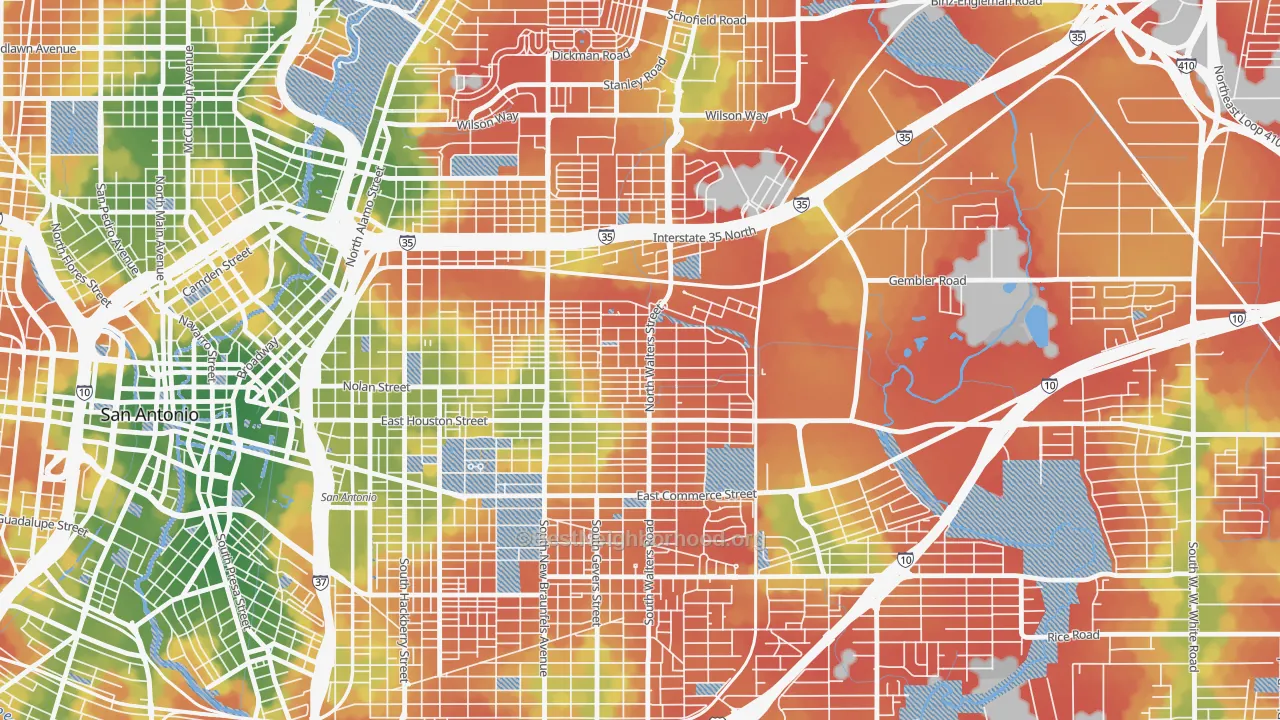 Walk Grade map of Harvard Place-Eastlawn, San Antonio, TX, walkable areas in green and car-dependent areas in red