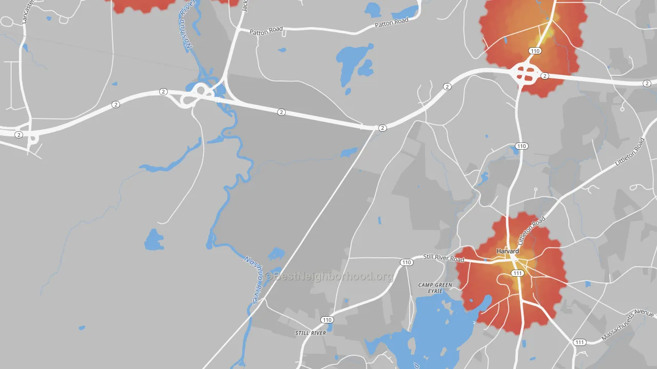 Walk Grade map of Harvard Station, MA, walkable areas in green and car-dependent areas in red