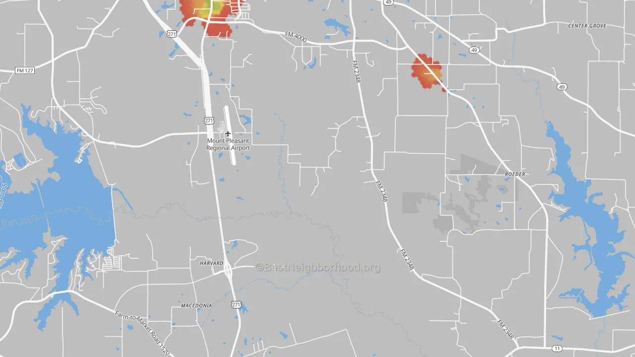 Walk Grade map of Harvard, TX, walkable areas in green and car-dependent areas in red