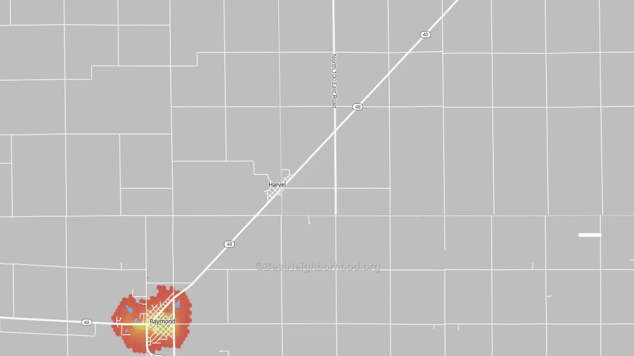Walk Grade map of Harvel, IL, walkable areas in green and car-dependent areas in red