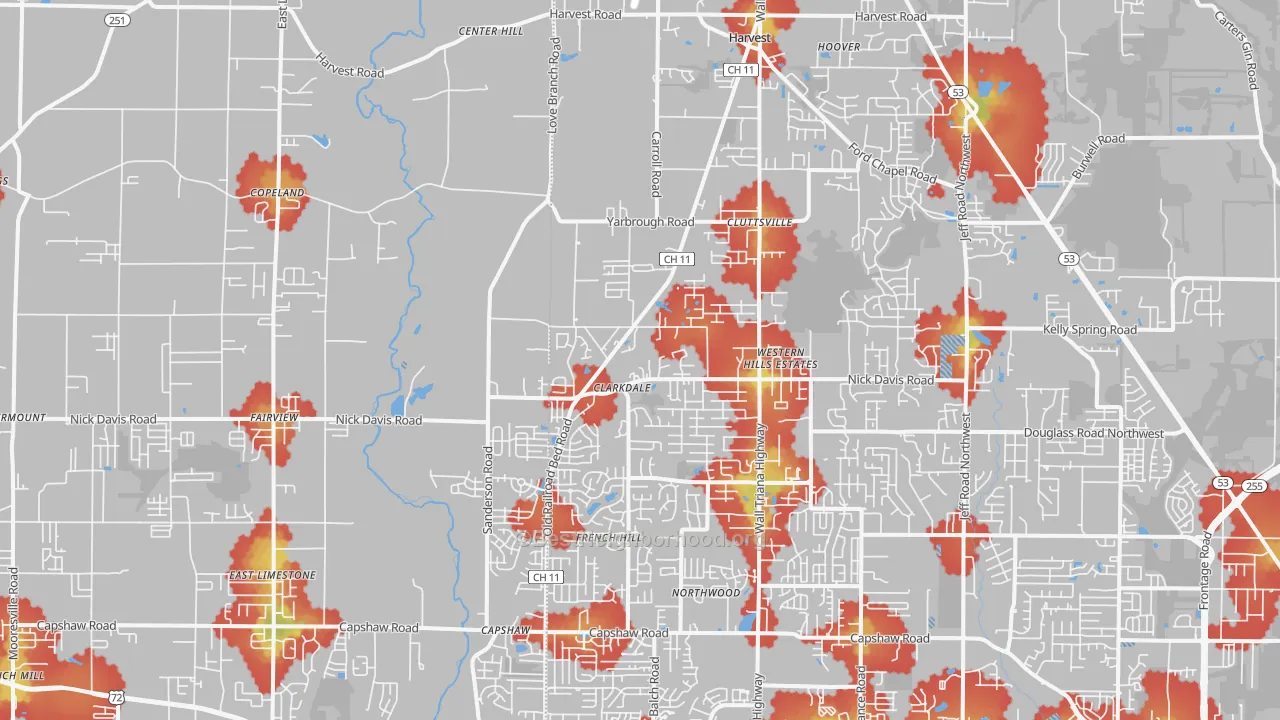 Walk Grade map of Harvest, AL, walkable areas in green and car-dependent areas in red