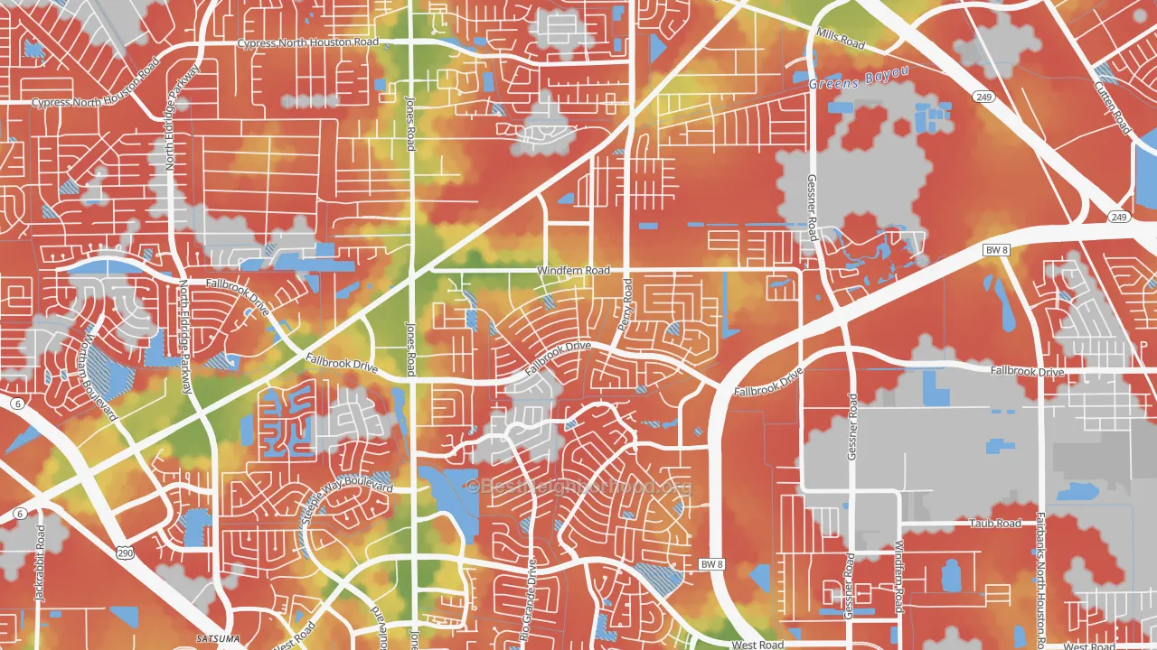 Walk Grade map of Harvest Bend, Houston, TX, walkable areas in green and car-dependent areas in red