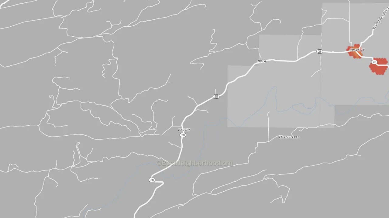 Walk Grade map of Harvey, AR, walkable areas in green and car-dependent areas in red