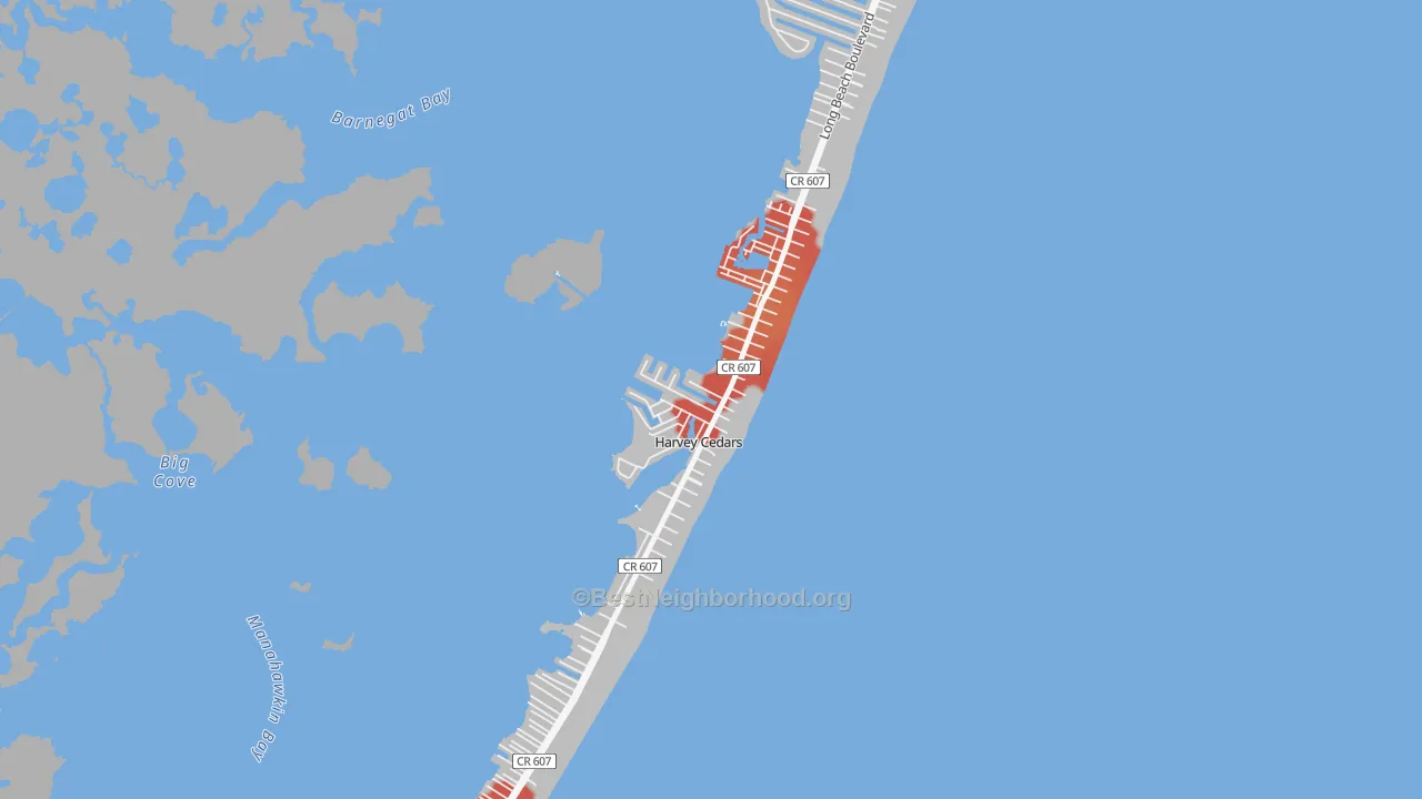 Walk Grade map of Harvey Cedars, NJ, walkable areas in green and car-dependent areas in red