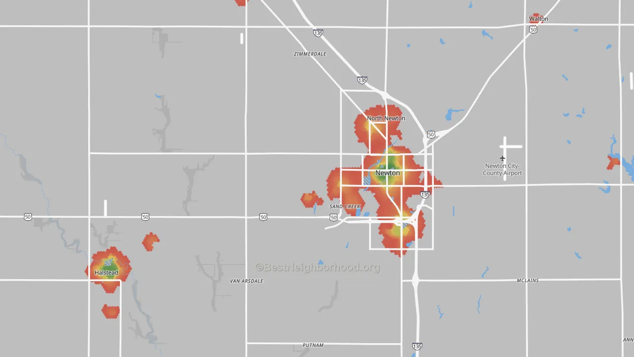 Walk Grade map of Harvey County, KS, walkable areas in green and car-dependent areas in red