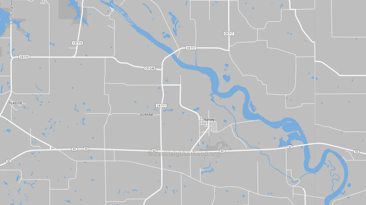 Walk Grade map of Harvey, IA, walkable areas in green and car-dependent areas in red