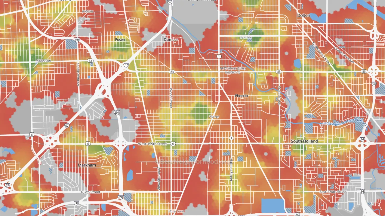 Walk Grade map of Harvey, IL, walkable areas in green and car-dependent areas in red