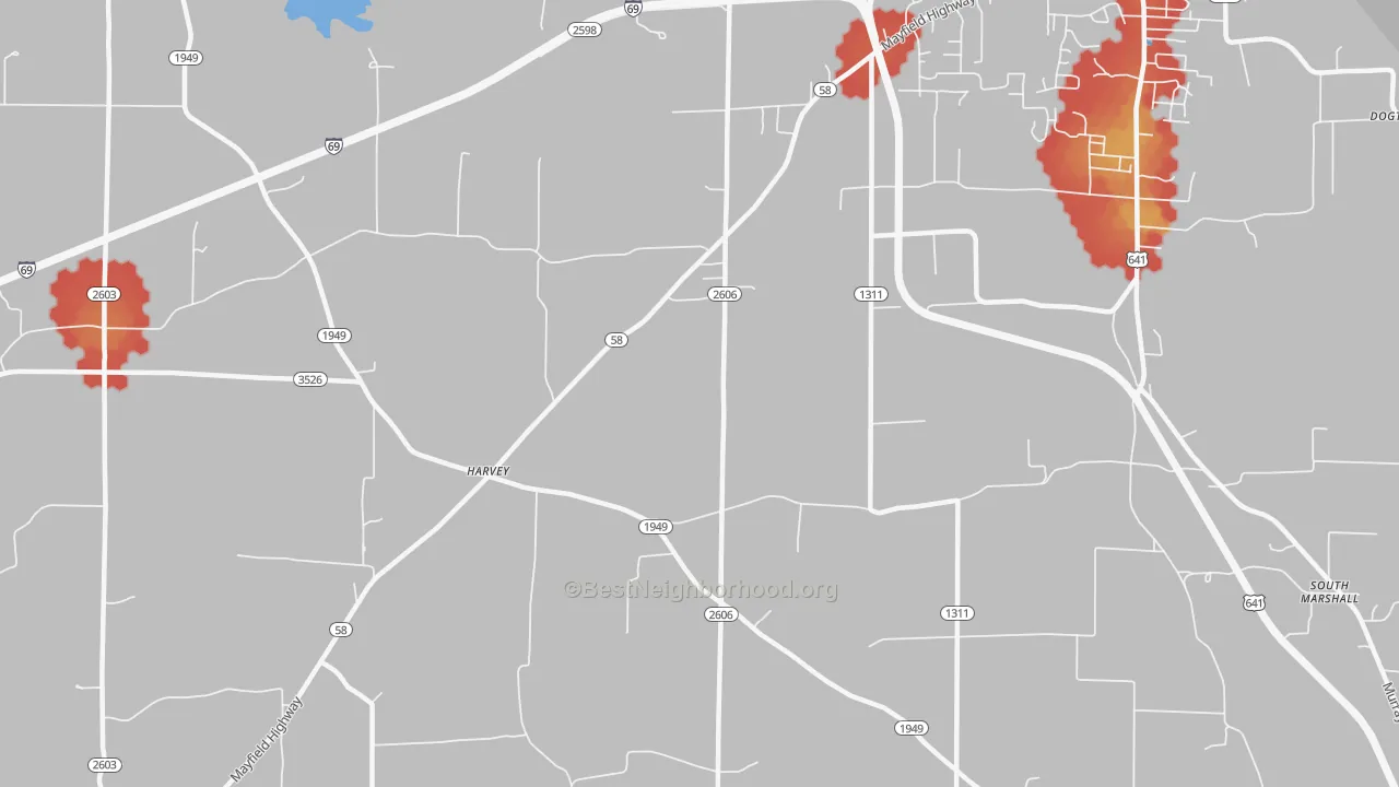 Walk Grade map of Harvey, KY, walkable areas in green and car-dependent areas in red