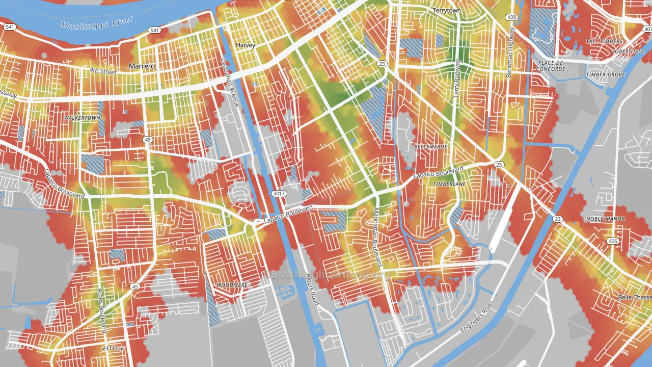 Walk Grade map of Harvey, LA, walkable areas in green and car-dependent areas in red