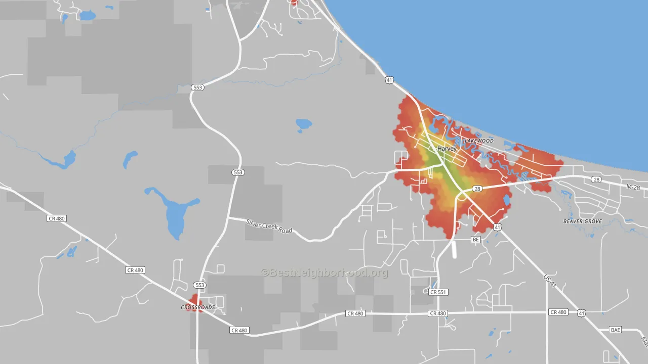Walk Grade map of Harvey, MI, walkable areas in green and car-dependent areas in red