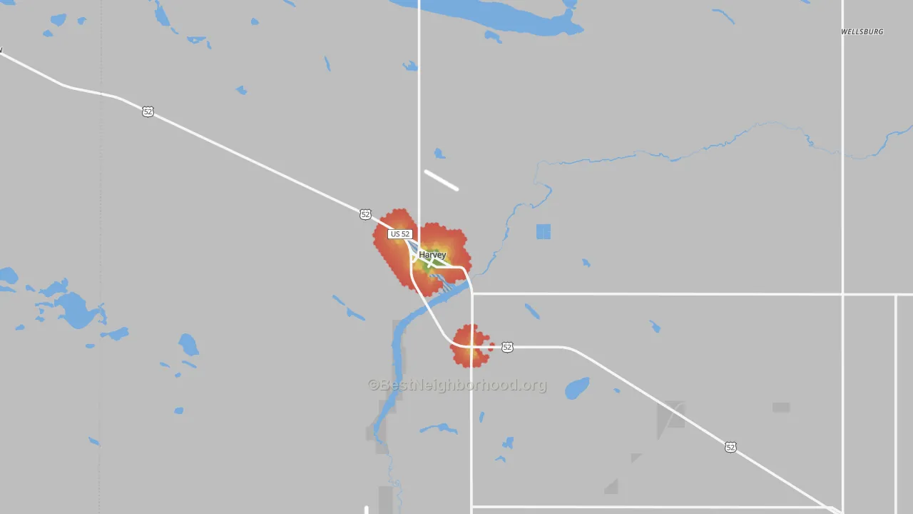 Walk Grade map of Harvey, ND, walkable areas in green and car-dependent areas in red