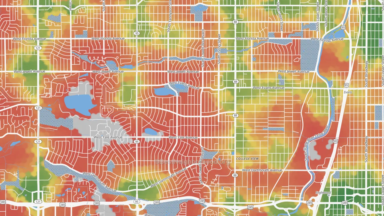 Walk Grade map of Harvey Park, Denver, CO, walkable areas in green and car-dependent areas in red