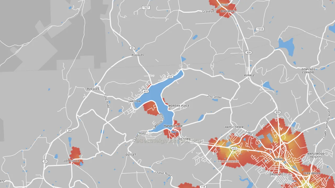 Walk Grade map of Harveys Lake, PA, walkable areas in green and car-dependent areas in red