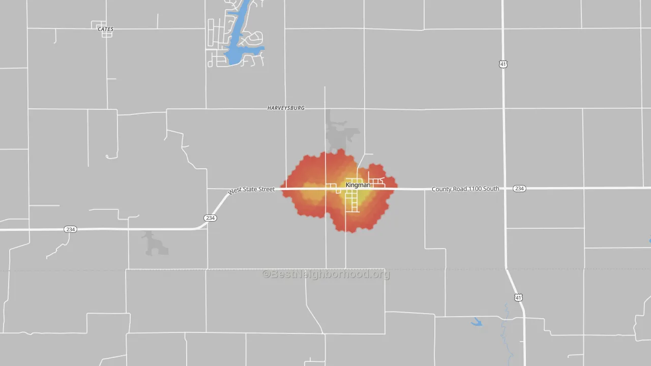 Walk Grade map of Harveysburg, IN, walkable areas in green and car-dependent areas in red