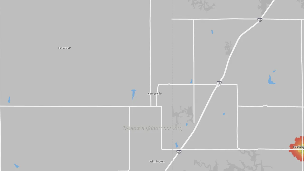 Walk Grade map of Harveyville, KS, walkable areas in green and car-dependent areas in red